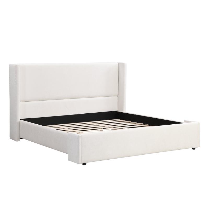 Elegant White Fabric Upholstered Bed with Tall Headboard