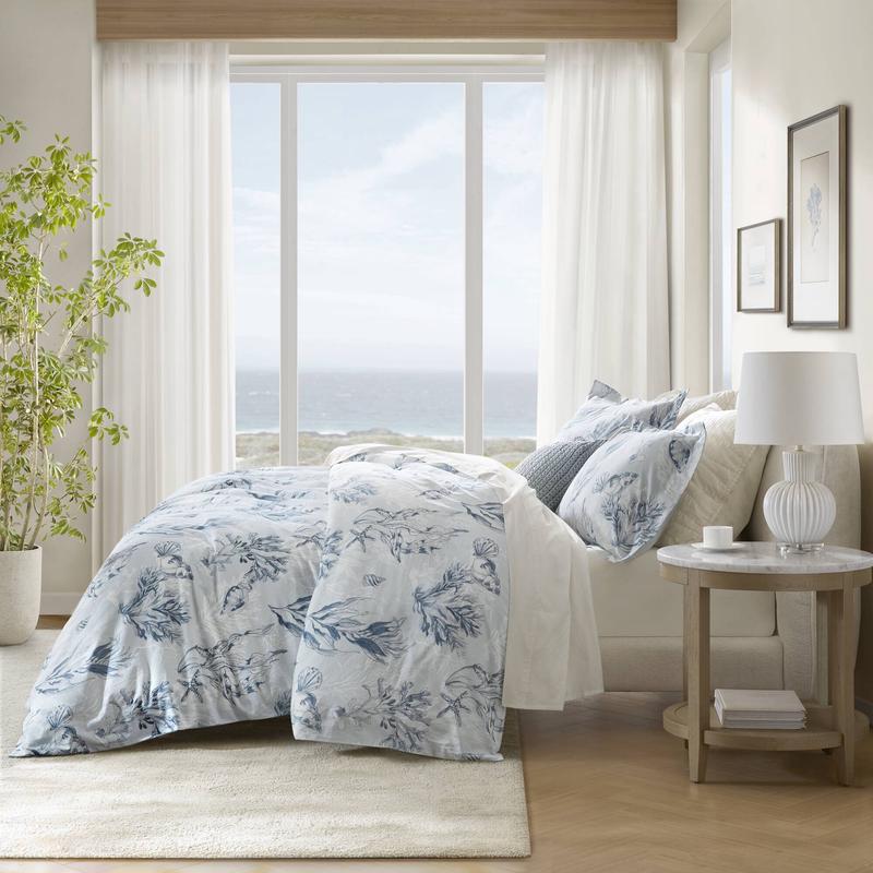 3 Piece Chambray Sea Life 100% Cotton Sateen Duvet Cover Set