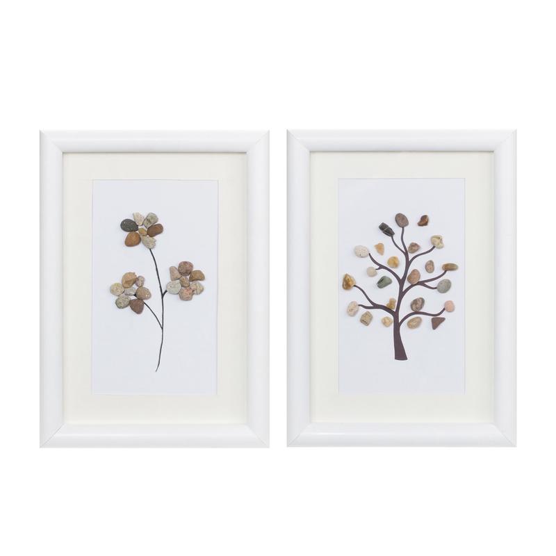 Framed Tree and Floral Pebble Art, Set of 2
