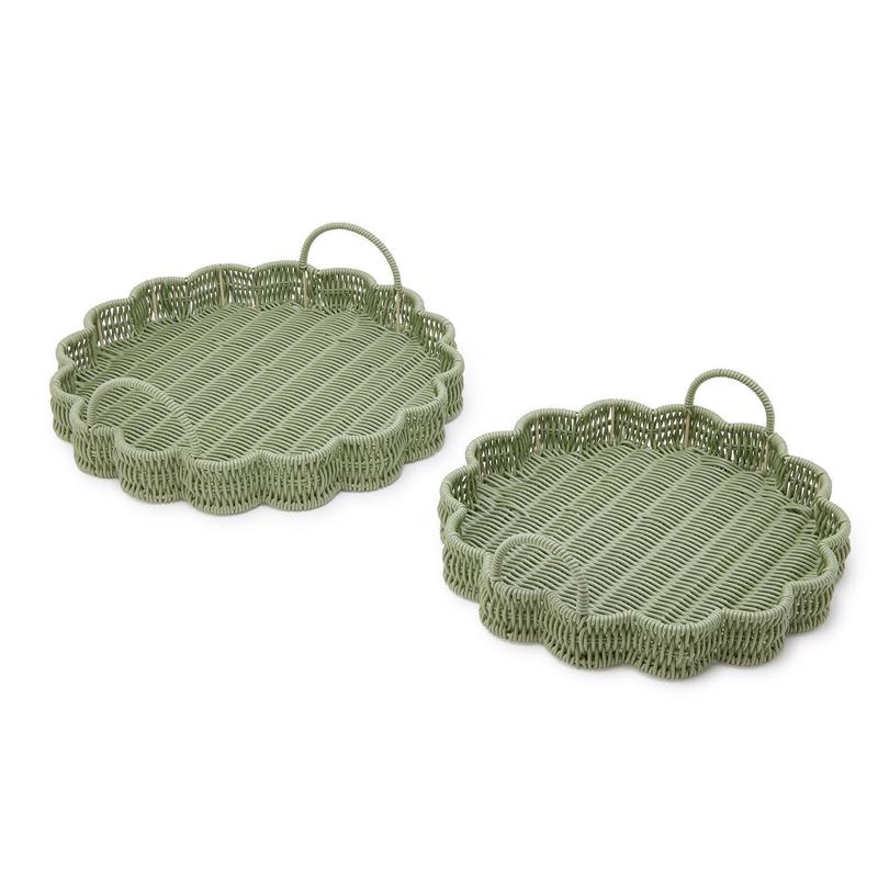 All Weather Wicker Scalloped Edge Green Round Serving Tray, Set of 2
