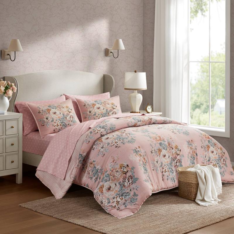 5 Piece Vintage-Inspired Reversible Floral Print Comforter Set