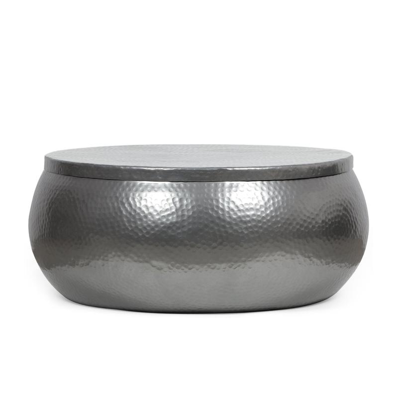 Aluminum Drum Coffee Table with Hammered Metal Pattern
